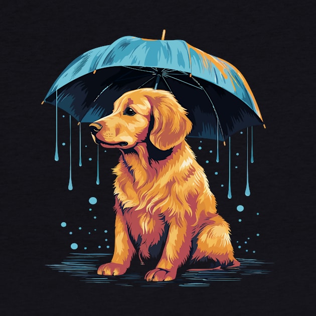 Golden Retriever Rainy Day With Umbrella by JH Mart